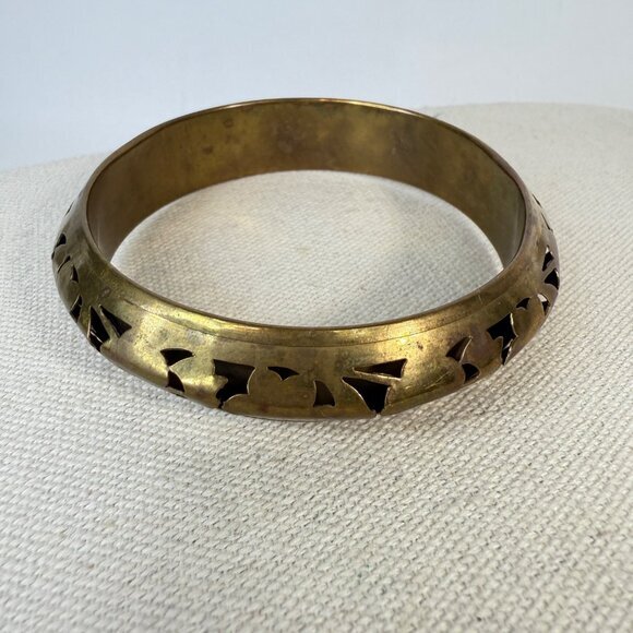 Brass Cutout Floral Bangle Bracelet Layers Gold-Tone Funky Stackable Boho Chunky - Picture 2 of 8